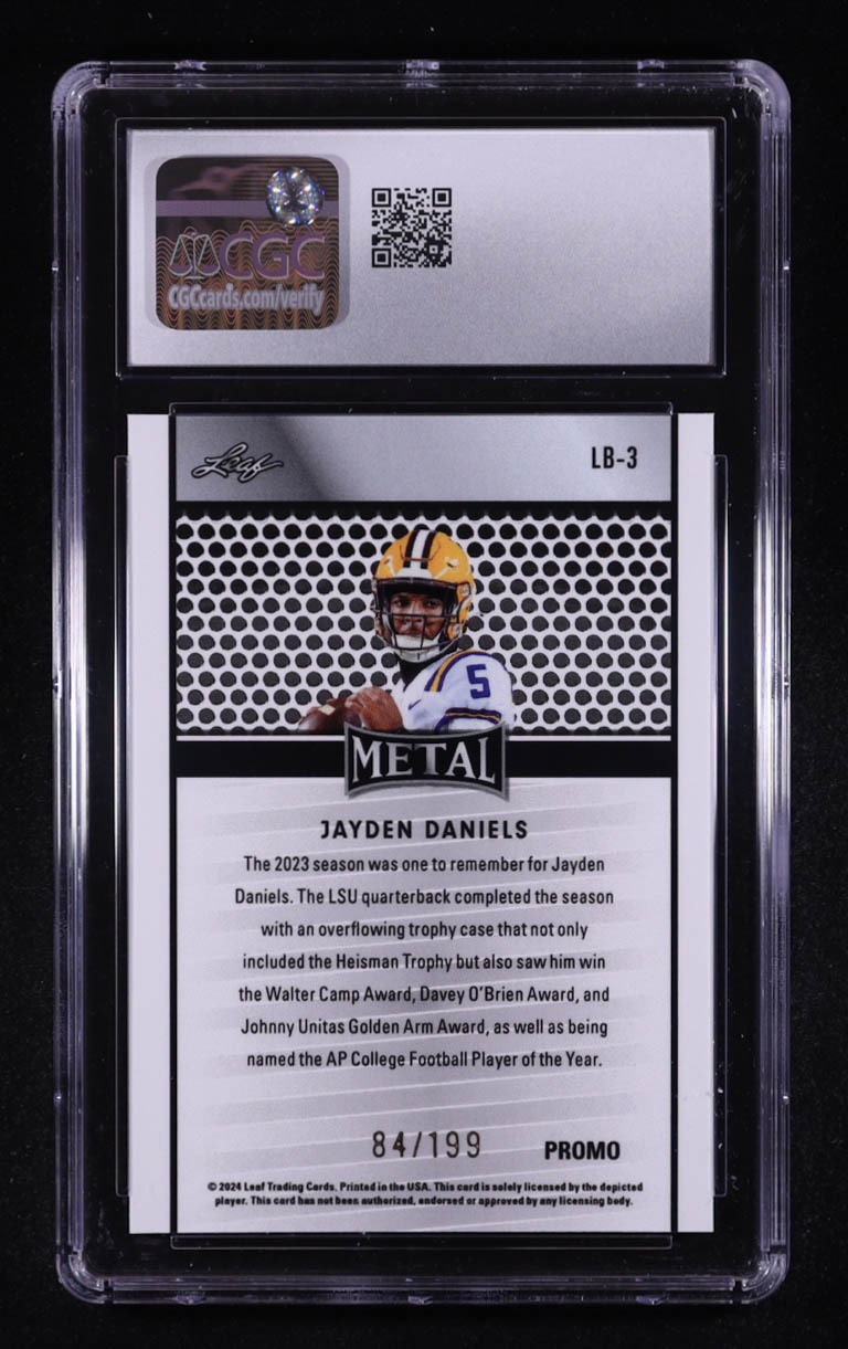 Jayden Daniels 2024 Leaf Metal Collective Promos Purple Shimmer #LB-3 RC #84/199 (CGC 10) at PristineAuction.com Jayden Daniels 2024 Leaf Metal Collective Promos Purple Shimmer #LB-3 RC #84/199 (CGC 10) at PristineAuction.com