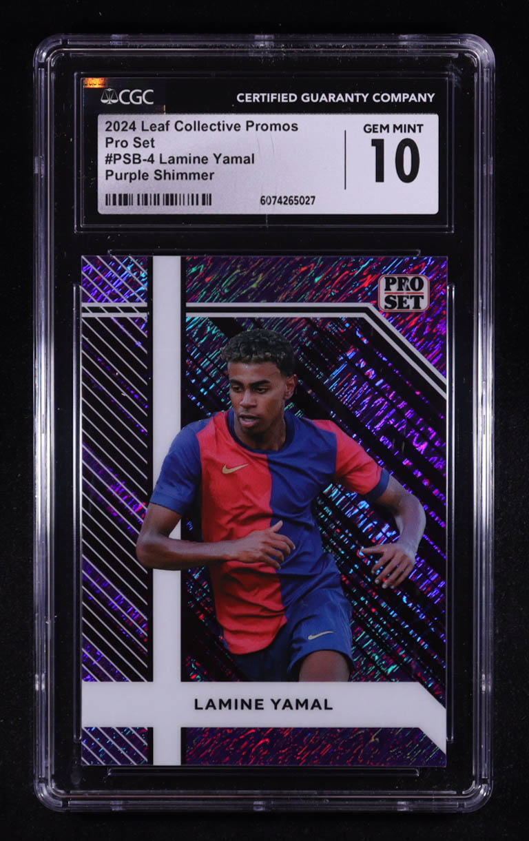 Lamine Yamal 2024 Leaf Collective Promos Pro Set Purple Shimmer #PSB-4 RC #14/299 (CGC 10) at PristineAuction.com Lamine Yamal 2024 Leaf Collective Promos Pro Set Purple Shimmer #PSB-4 RC #14/299 (CGC 10) at PristineAuction.com