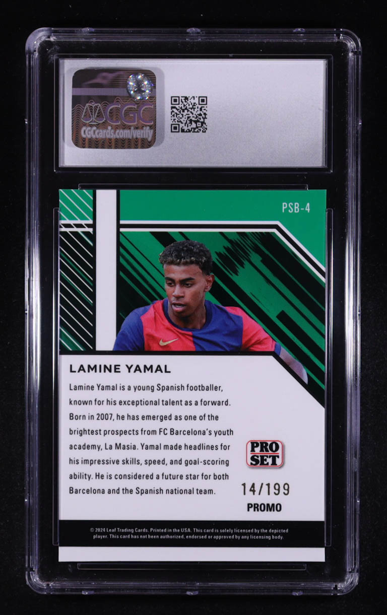 Lamine Yamal 2024 Leaf Collective Promos Pro Set Purple Shimmer #PSB-4 RC #14/299 (CGC 10) at PristineAuction.com Lamine Yamal 2024 Leaf Collective Promos Pro Set Purple Shimmer #PSB-4 RC #14/299 (CGC 10) at PristineAuction.com