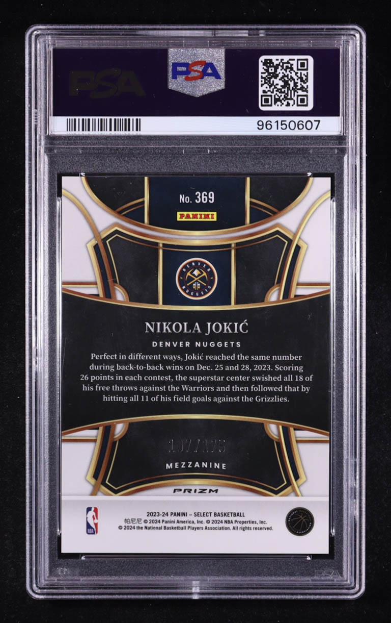 Nikola Jokic 2023-24 Select Prizms Purple Flash #369 #107/175 (PSA 10) at PristineAuction.com Nikola Jokic 2023-24 Select Prizms Purple Flash #369 #107/175 (PSA 10) at PristineAuction.com