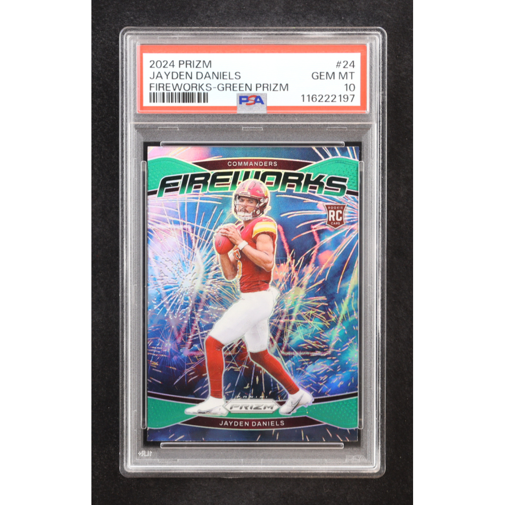 Jayden Daniels 2024 Panini Prizm Fireworks Prizms Green #24 RC (PSA 10) at PristineAuction.com