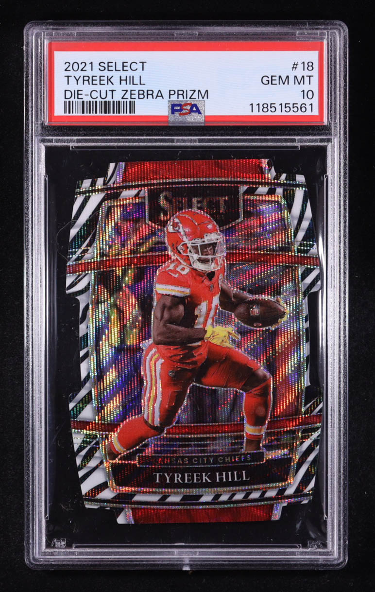 Tyreek Hill 2021 Panini Select Die-Cut Zebra Prizm #18 (PSA 10) at PristineAuction.com Tyreek Hill 2021 Panini Select Die-Cut Zebra Prizm #18 (PSA 10) at PristineAuction.com