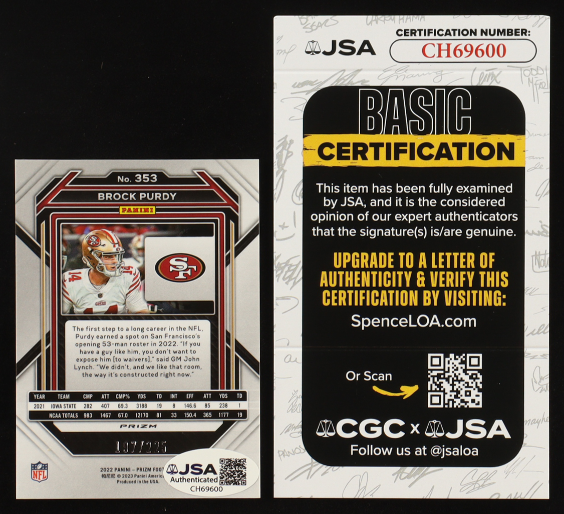 Brock Purdy Signed 2022 Panini Prizm Prizms Purple Ice #353 #197/225 RC (JSA) at PristineAuction.com Brock Purdy Signed 2022 Panini Prizm Prizms Purple Ice #353 #197/225 RC (JSA) at PristineAuction.com