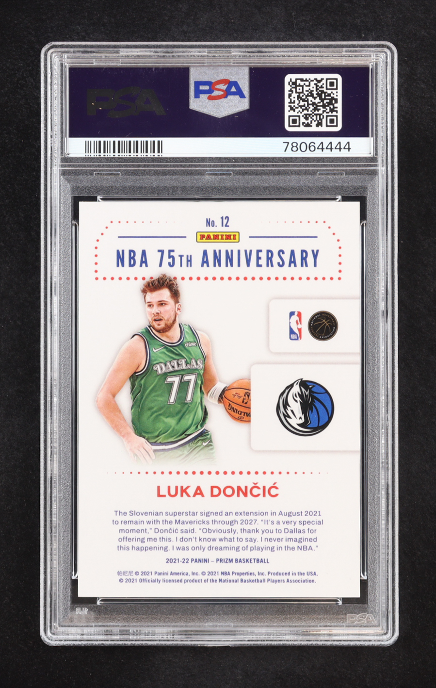 Luka Doncic 2021-22 Panini Prizm NBA 75th Logo #12 (PSA 10) at PristineAuction.com Luka Doncic 2021-22 Panini Prizm NBA 75th Logo #12 (PSA 10) at PristineAuction.com