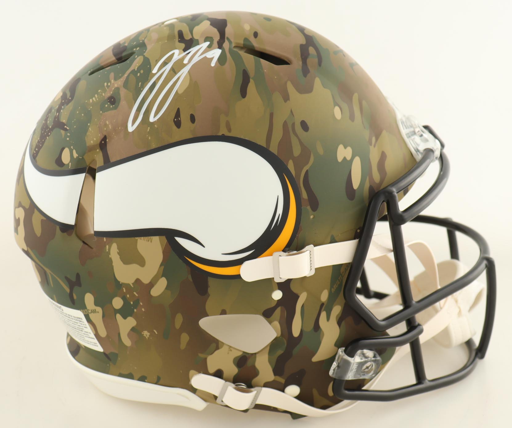 J. J. McCarthy Signed Vikings Full-Size Authentic On-Field Camo Alternate Speed Helmet (Beckett) at PristineAuction.com J. J. McCarthy Signed Vikings Full-Size Authentic On-Field Camo Alternate Speed Helmet (Beckett) at PristineAuction.com