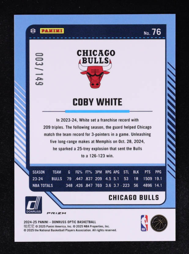 Coby White 2024-25 Donruss Optic Lime Green #76 #003/149 at PristineAuction.com Coby White 2024-25 Donruss Optic Lime Green #76 #003/149 at PristineAuction.com