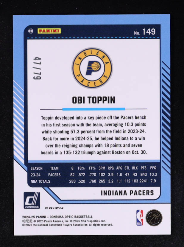 Obi Toppin 2024-25 Donruss Optic Pink Velocity #149 #47/79 at PristineAuction.com Obi Toppin 2024-25 Donruss Optic Pink Velocity #149 #47/79 at PristineAuction.com