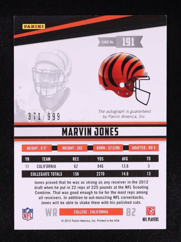 Marvin Jones 2012 Rookies and Stars Autographs #191 RC #371/999 at PristineAuction.com Marvin Jones 2012 Rookies and Stars Autographs #191 RC #371/999 at PristineAuction.com