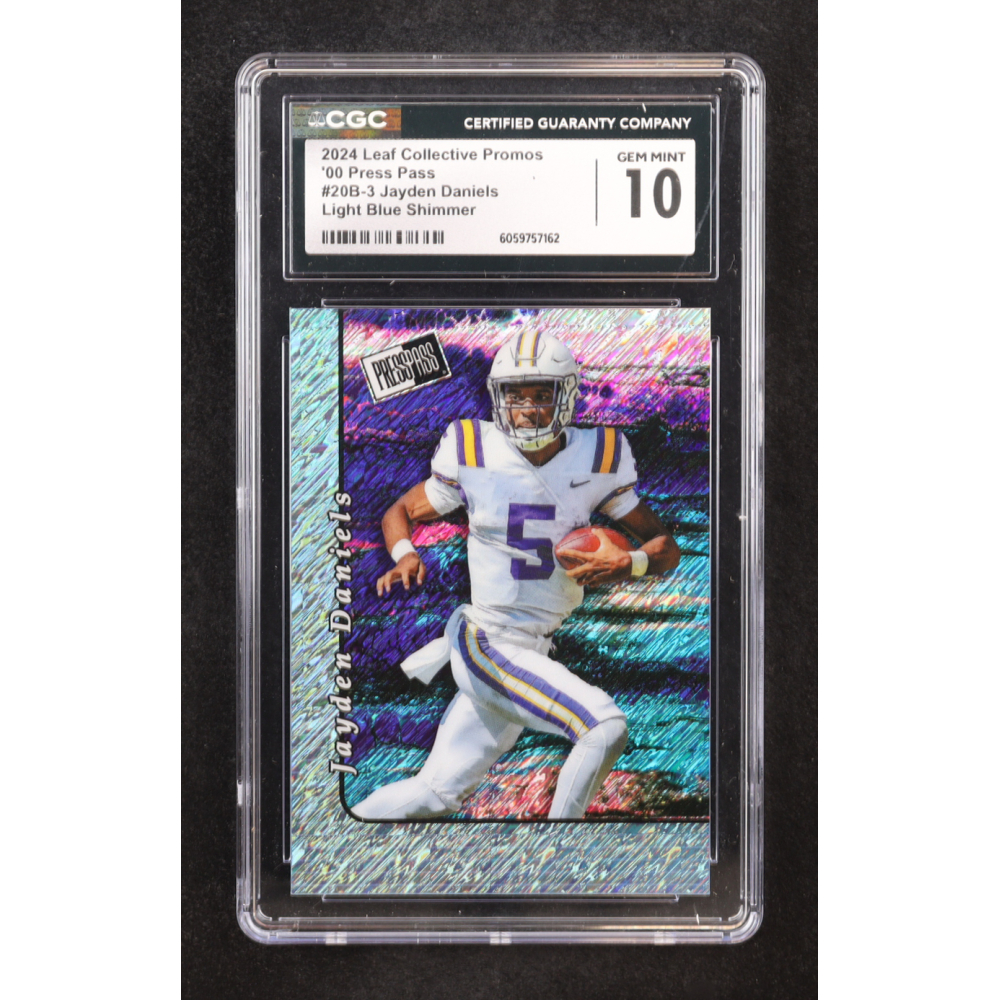 Jayden Daniels 2024 Leaf Collective Promo '00 Press Pass Shimmer Light Blue #20B3 RC (CGC 10) at PristineAuction.com