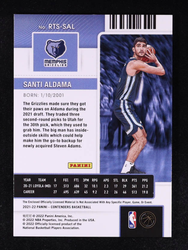 Santi Aldama 2021-22 Panini Contenders Rookie Ticket Swatches Green Ice #30 RC at PristineAuction.com Santi Aldama 2021-22 Panini Contenders Rookie Ticket Swatches Green Ice #30 RC at PristineAuction.com