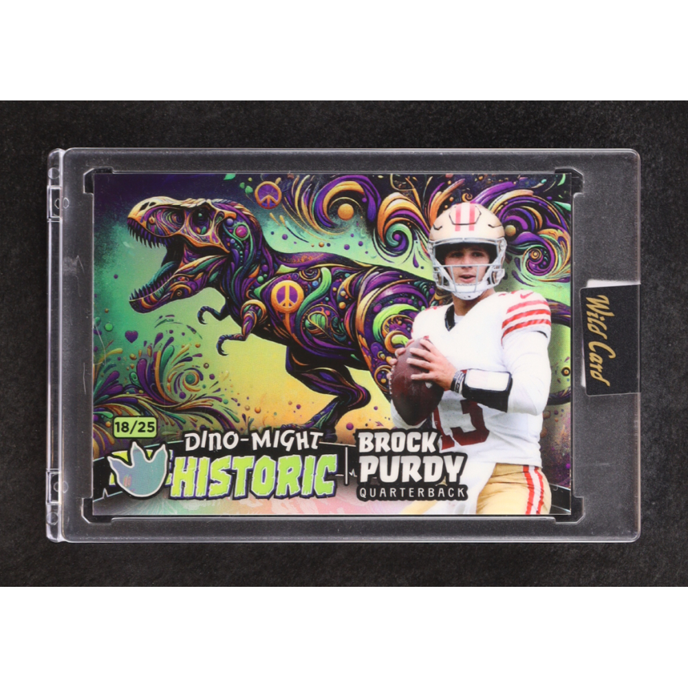 Brock Purdy 2024 Wild Card Dino-Might Historic T-Rex Prismatic Rainbow #PHTRX1BP #18/25 at PristineAuction.com