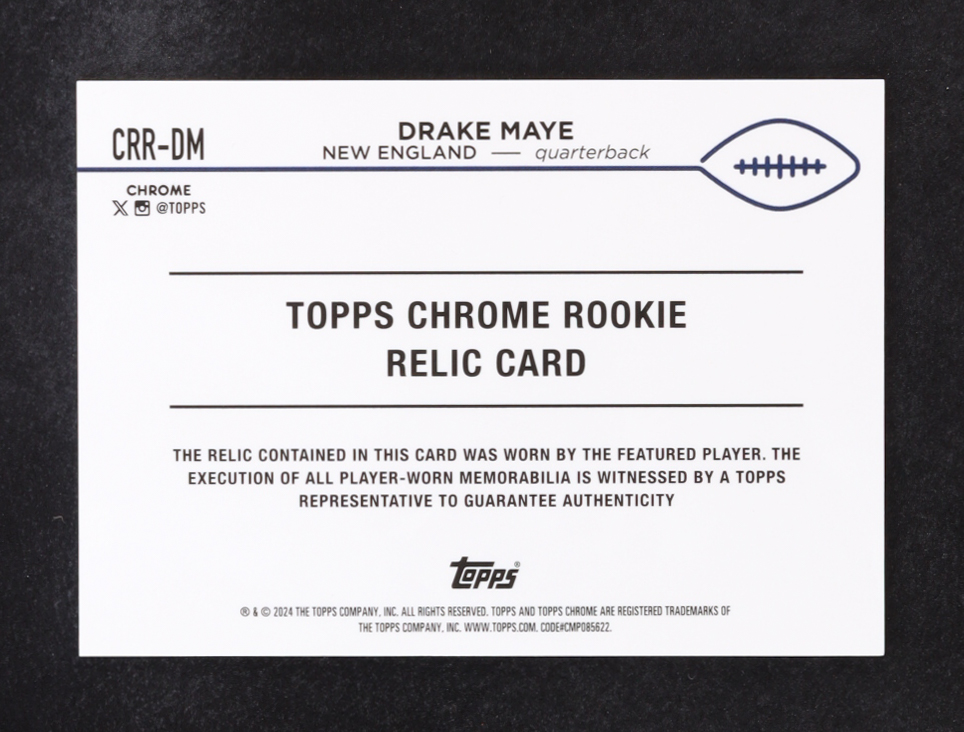 Drake Maye 2024 Topps Chrome Rookie Relics #CRRDM RC at PristineAuction.com Drake Maye 2024 Topps Chrome Rookie Relics #CRRDM RC at PristineAuction.com