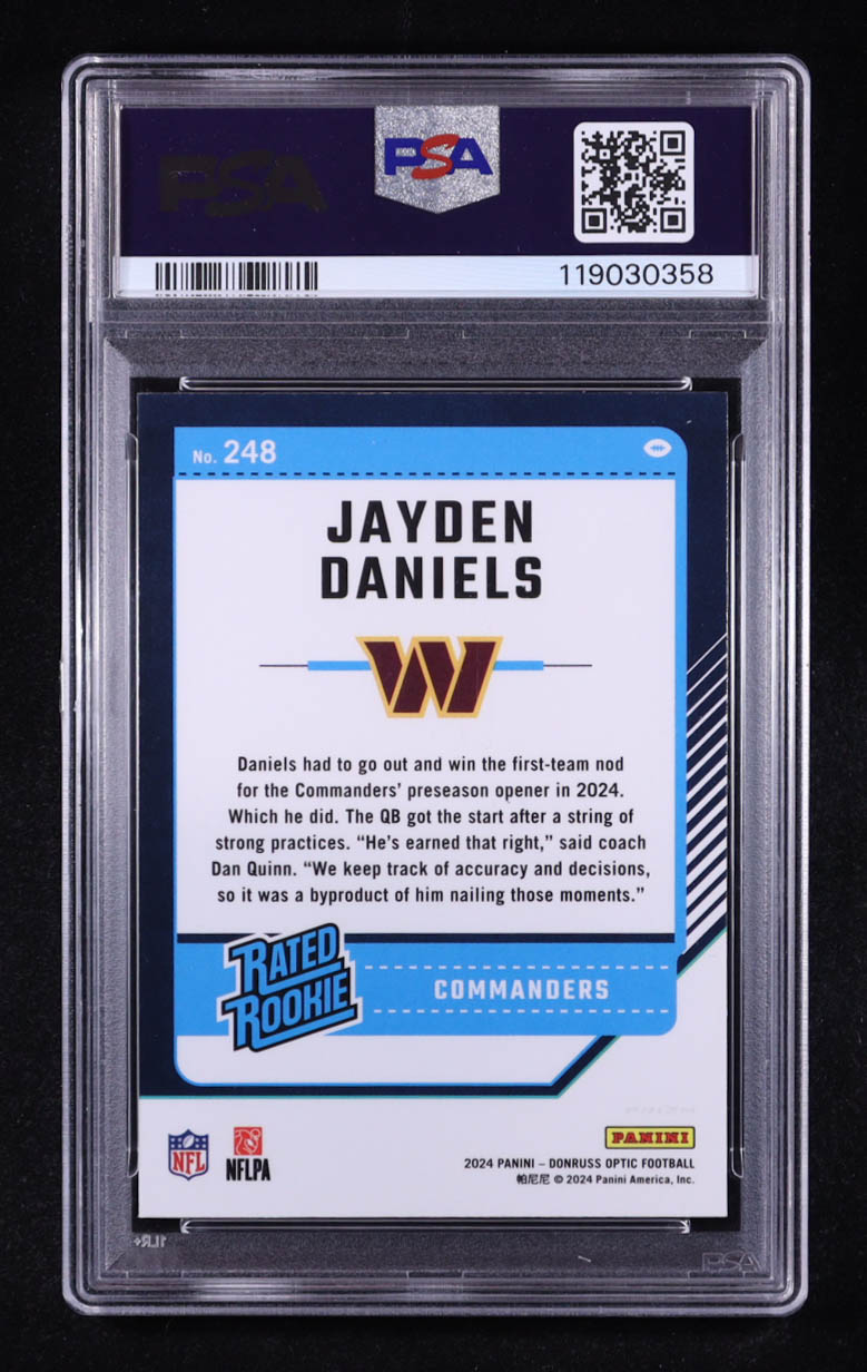 Jayden Daniels 2024 Panini Donruss Optic Purple Shock Rated Rookie #249 RC (PSA 10) at PristineAuction.com Jayden Daniels 2024 Panini Donruss Optic Purple Shock Rated Rookie #249 RC (PSA 10) at PristineAuction.com