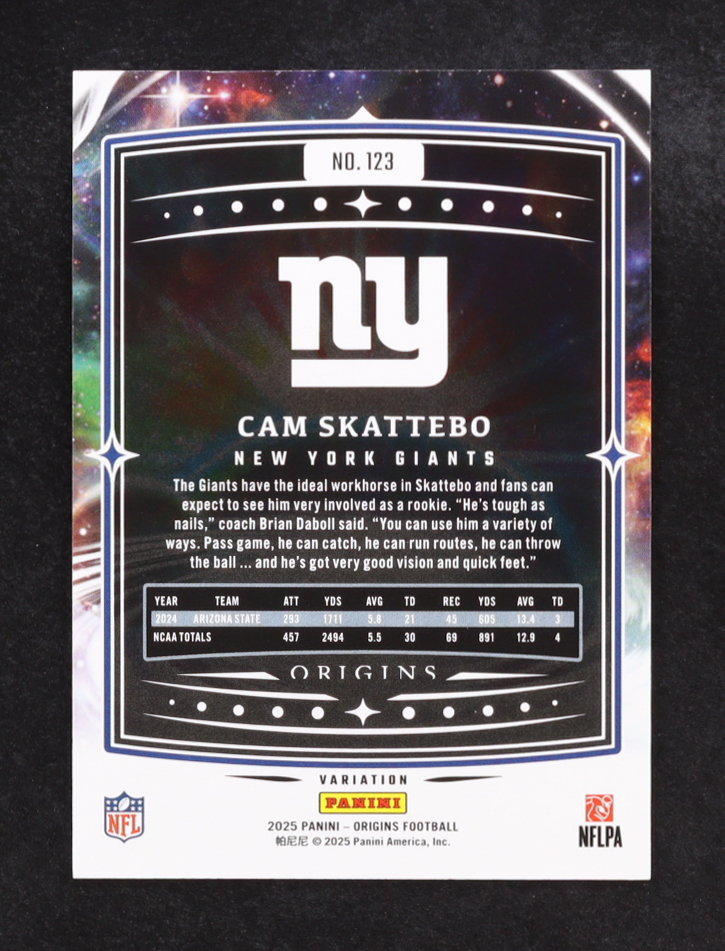 Cameron Skattebo 2025 Panini Origins Rookie Variation #123 RC at PristineAuction.com Cameron Skattebo 2025 Panini Origins Rookie Variation #123 RC at PristineAuction.com