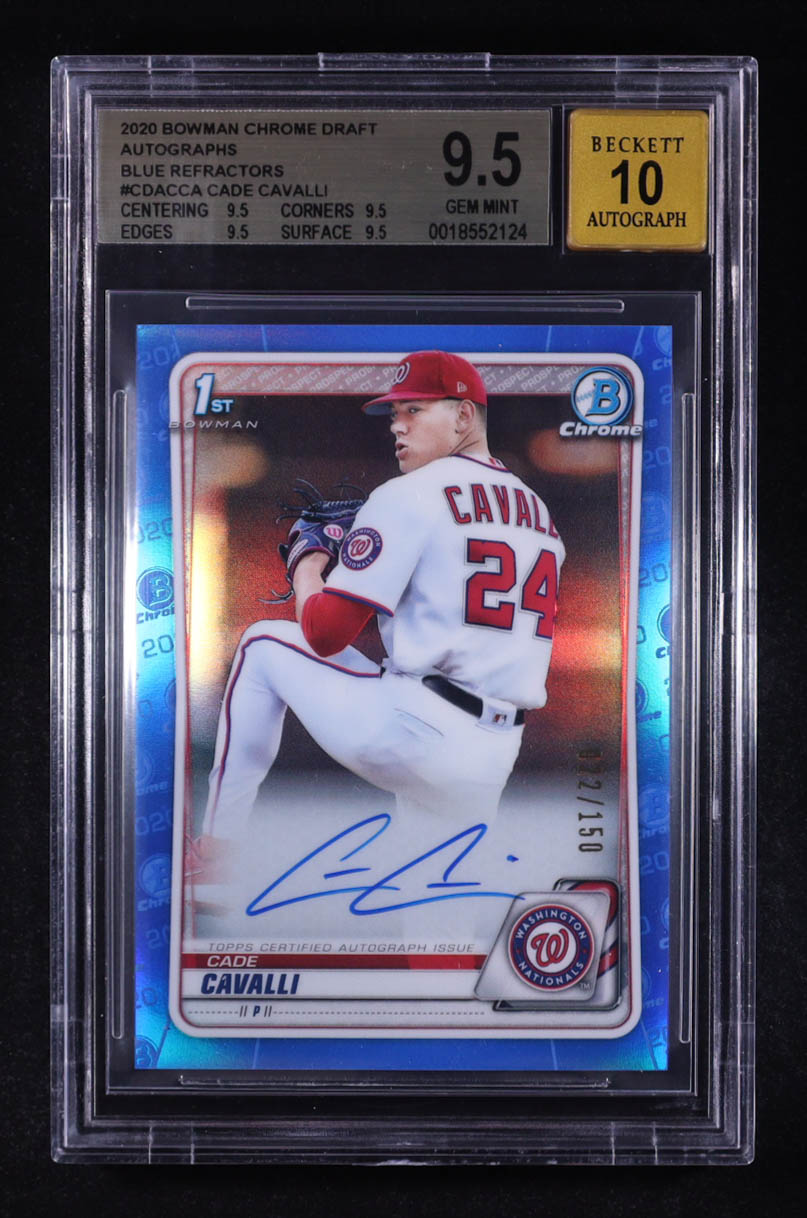 Cade Cavalli 2020 Bowman Chrome Draft Autographs Blue Refractors #CDACCA #022/150 RC (BGS 9.5 | Auto 10) at PristineAuction.com Cade Cavalli 2020 Bowman Chrome Draft Autographs Blue Refractors #CDACCA #022/150 RC (BGS 9.5 | Auto 10) at PristineAuction.com