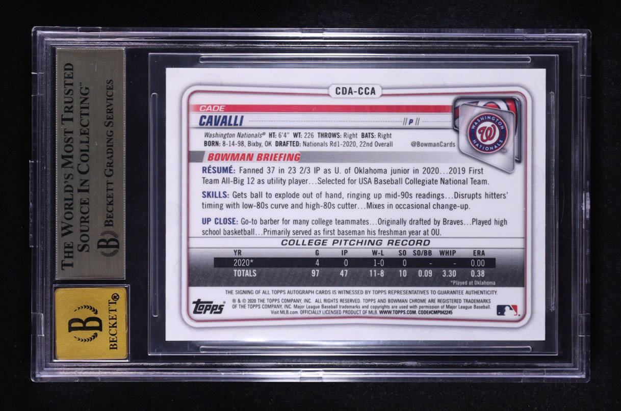 Cade Cavalli 2020 Bowman Chrome Draft Autographs Blue Refractors #CDACCA #022/150 RC (BGS 9.5 | Auto 10) at PristineAuction.com Cade Cavalli 2020 Bowman Chrome Draft Autographs Blue Refractors #CDACCA #022/150 RC (BGS 9.5 | Auto 10) at PristineAuction.com