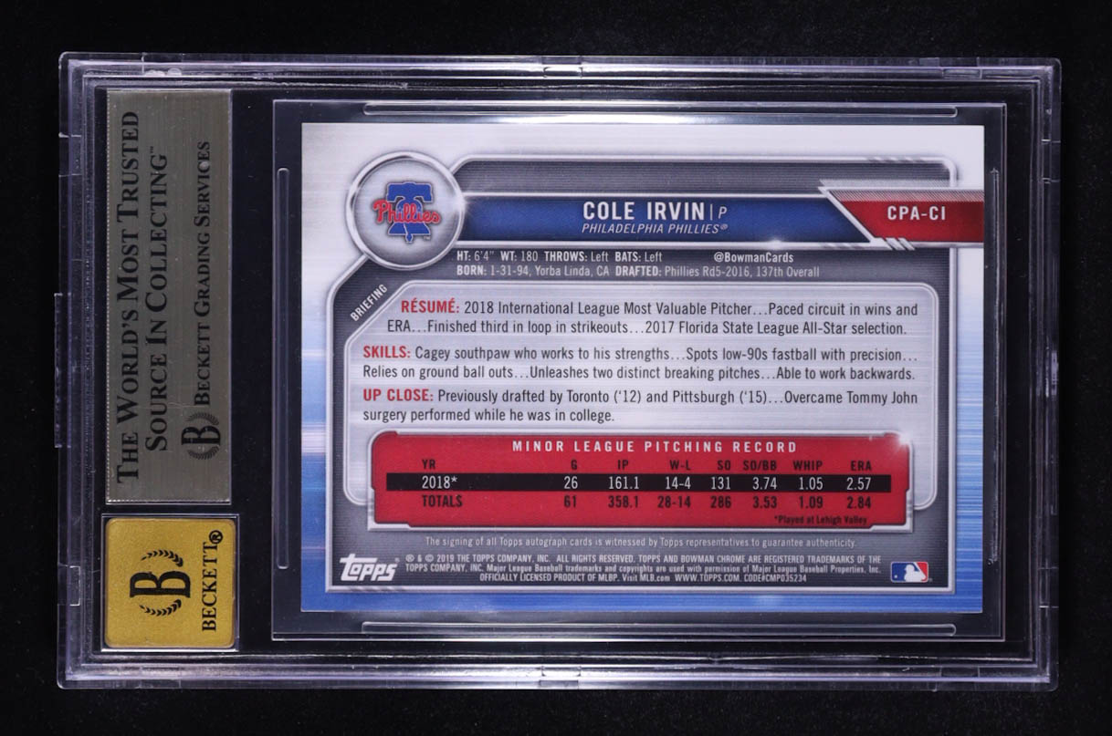 Cole Irvin 2019 Bowman Chrome Prospect Autographs Green Atomic Refractors #CPACI #78/99 RC (BGS 9.5 | Auto 10) at PristineAuction.com Cole Irvin 2019 Bowman Chrome Prospect Autographs Green Atomic Refractors #CPACI #78/99 RC (BGS 9.5 | Auto 10) at PristineAuction.com