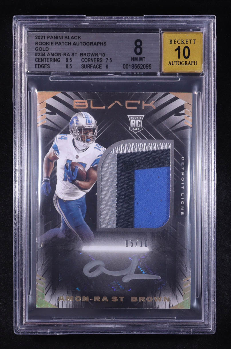 Amon-Ra St. Brown 2021 Panini Black Rookie Patch Autographs Gold #234 #05/10 RC (BGS 8 | Auto 10) at PristineAuction.com Amon-Ra St. Brown 2021 Panini Black Rookie Patch Autographs Gold #234 #05/10 RC (BGS 8 | Auto 10) at PristineAuction.com