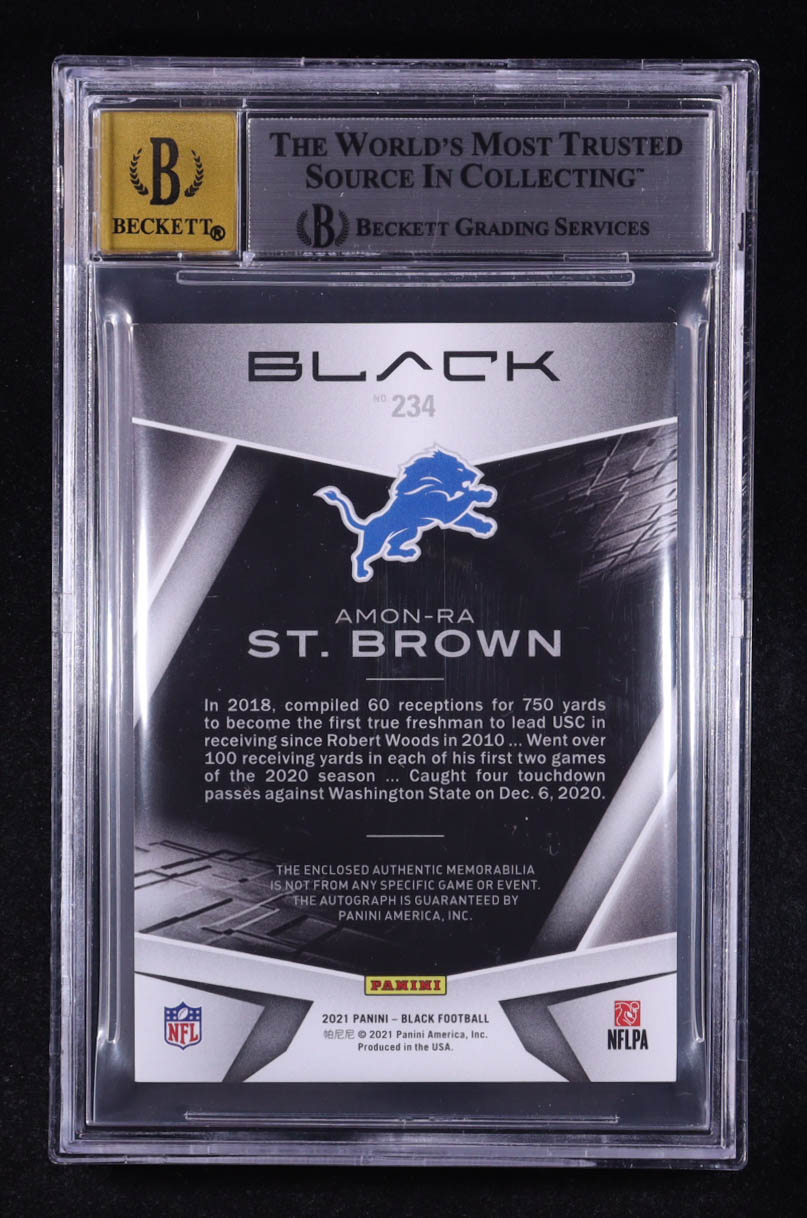 Amon-Ra St. Brown 2021 Panini Black Rookie Patch Autographs Gold #234 #05/10 RC (BGS 8 | Auto 10) at PristineAuction.com Amon-Ra St. Brown 2021 Panini Black Rookie Patch Autographs Gold #234 #05/10 RC (BGS 8 | Auto 10) at PristineAuction.com