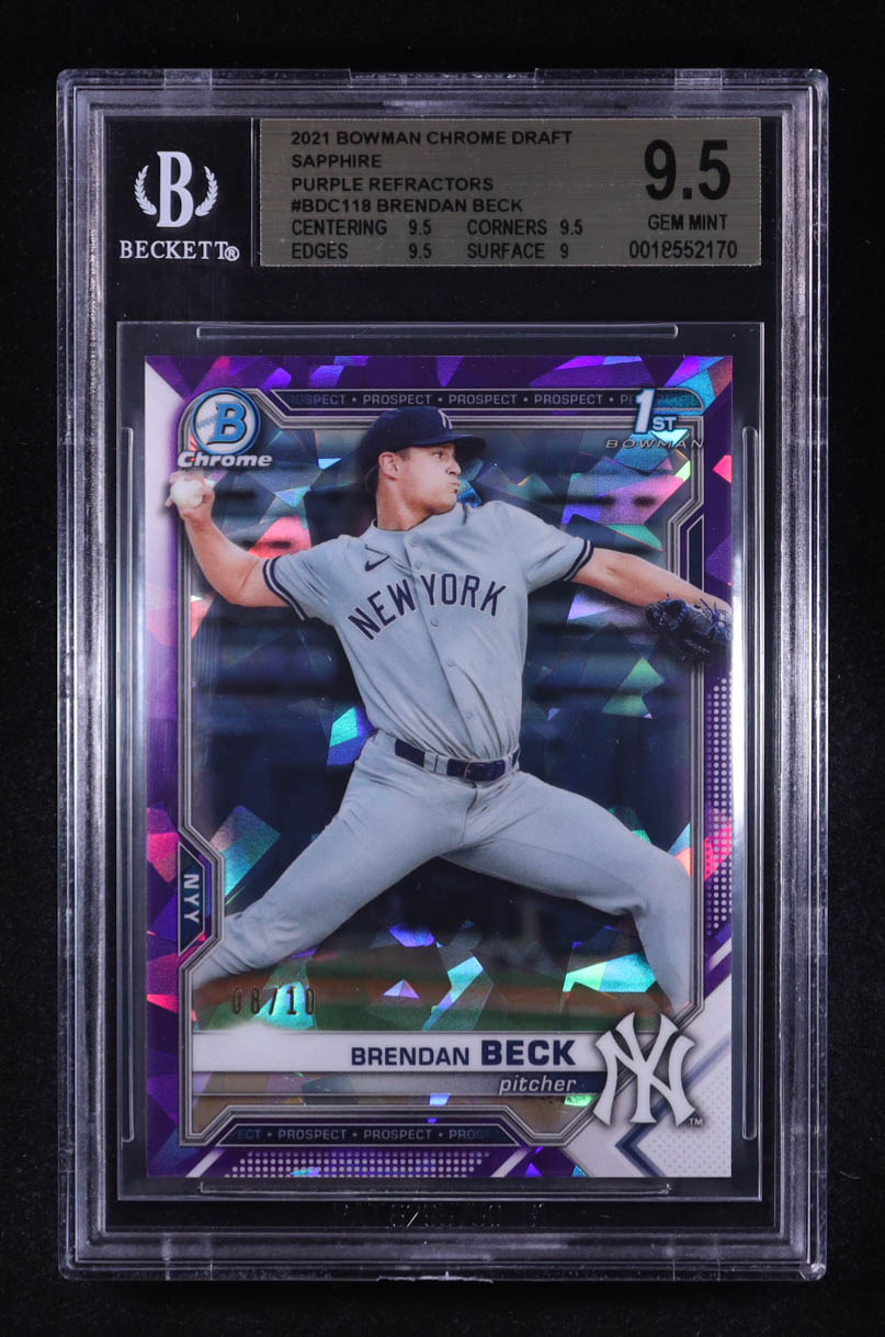 Brendan Beck 2021 Bowman Chrome Draft Sapphire Purple Refractors #BDC118 #08/10 RC (BGS 9.5) at PristineAuction.com Brendan Beck 2021 Bowman Chrome Draft Sapphire Purple Refractors #BDC118 #08/10 RC (BGS 9.5) at PristineAuction.com