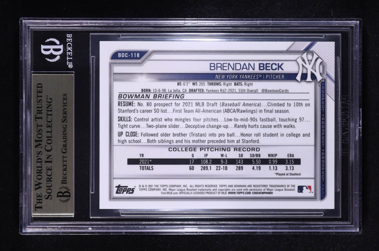 Brendan Beck 2021 Bowman Chrome Draft Sapphire Purple Refractors #BDC118 #08/10 RC (BGS 9.5) at PristineAuction.com Brendan Beck 2021 Bowman Chrome Draft Sapphire Purple Refractors #BDC118 #08/10 RC (BGS 9.5) at PristineAuction.com