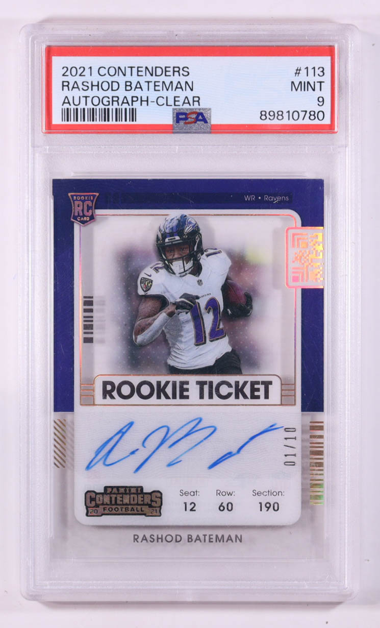 Rashod Bateman 2021 Panini Contenders Clear Ticket #113A Autograph #01/10 RC (PSA 9) at PristineAuction.com Rashod Bateman 2021 Panini Contenders Clear Ticket #113A Autograph #01/10 RC (PSA 9) at PristineAuction.com