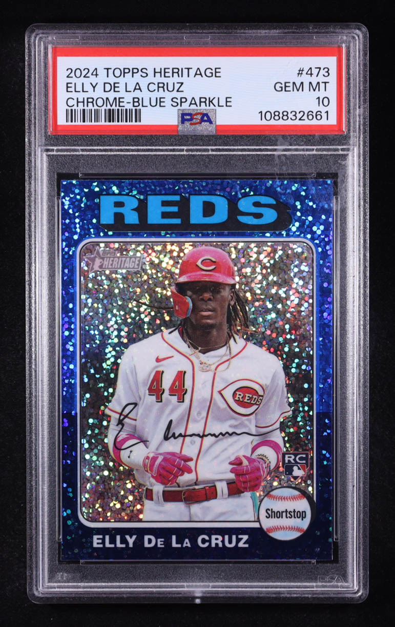 Elly De La Cruz 2024 Topps Heritage Chrome Blue Sparkle Refractors #473 RC (PSA 10) at PristineAuction.com Elly De La Cruz 2024 Topps Heritage Chrome Blue Sparkle Refractors #473 RC (PSA 10) at PristineAuction.com