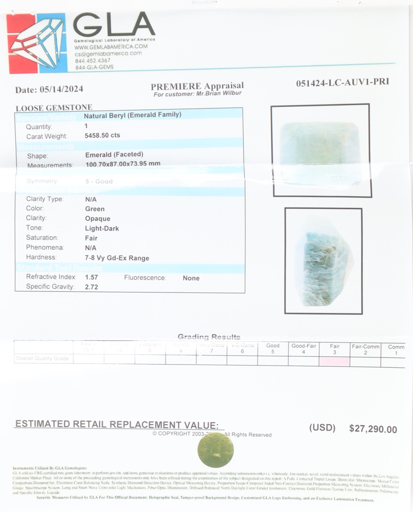 5,458.50 CTW Emerald Gemstone 100.70mm | Estimated Retail Value $27,290 (GLA) at PristineAuction.com 5,458.50 CTW Emerald Gemstone 100.70mm | Estimated Retail Value $27,290 (GLA) at PristineAuction.com