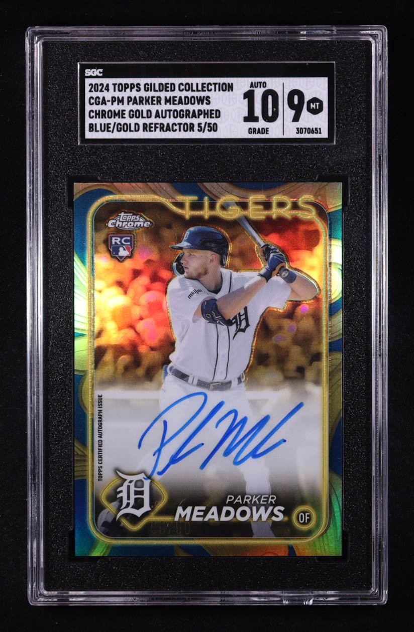 Parker Meadows 2024 Topps Chrome Gilded Collection Gold Autographs Blue Gold Refractors #CGAPM #05/50 RC (SGC 9 | Auto 10) at PristineAuction.com Parker Meadows 2024 Topps Chrome Gilded Collection Gold Autographs Blue Gold Refractors #CGAPM #05/50 RC (SGC 9 | Auto 10) at PristineAuction.com