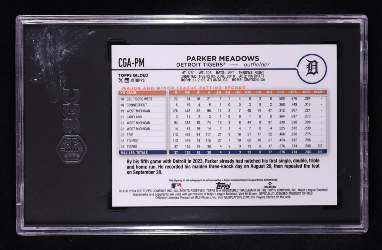 Parker Meadows 2024 Topps Chrome Gilded Collection Gold Autographs Blue Gold Refractors #CGAPM #05/50 RC (SGC 9 | Auto 10) at PristineAuction.com Parker Meadows 2024 Topps Chrome Gilded Collection Gold Autographs Blue Gold Refractors #CGAPM #05/50 RC (SGC 9 | Auto 10) at PristineAuction.com