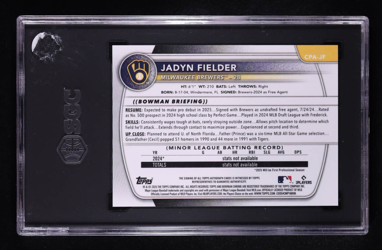 Jadyn Fielder 2025 Bowman Chrome Prospect Autographs #CPAJF RC (SGC 9 | Auto 10) at PristineAuction.com Jadyn Fielder 2025 Bowman Chrome Prospect Autographs #CPAJF RC (SGC 9 | Auto 10) at PristineAuction.com
