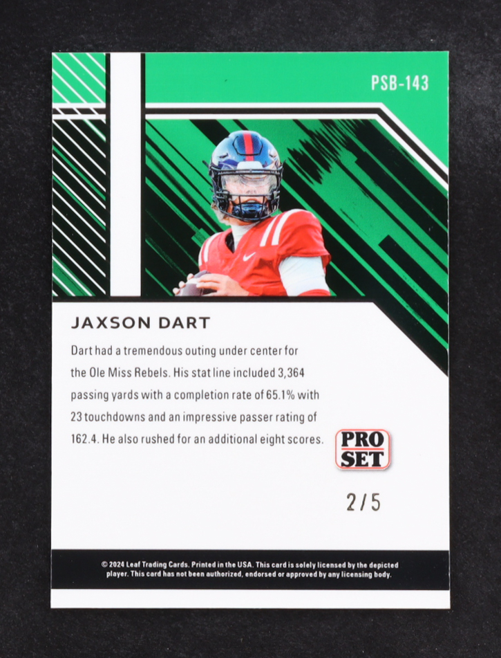 Jaxson Dart 2024 Pro Set Red Shimmer #PSB143 #2/5 RC at PristineAuction.com Jaxson Dart 2024 Pro Set Red Shimmer #PSB143 #2/5 RC at PristineAuction.com