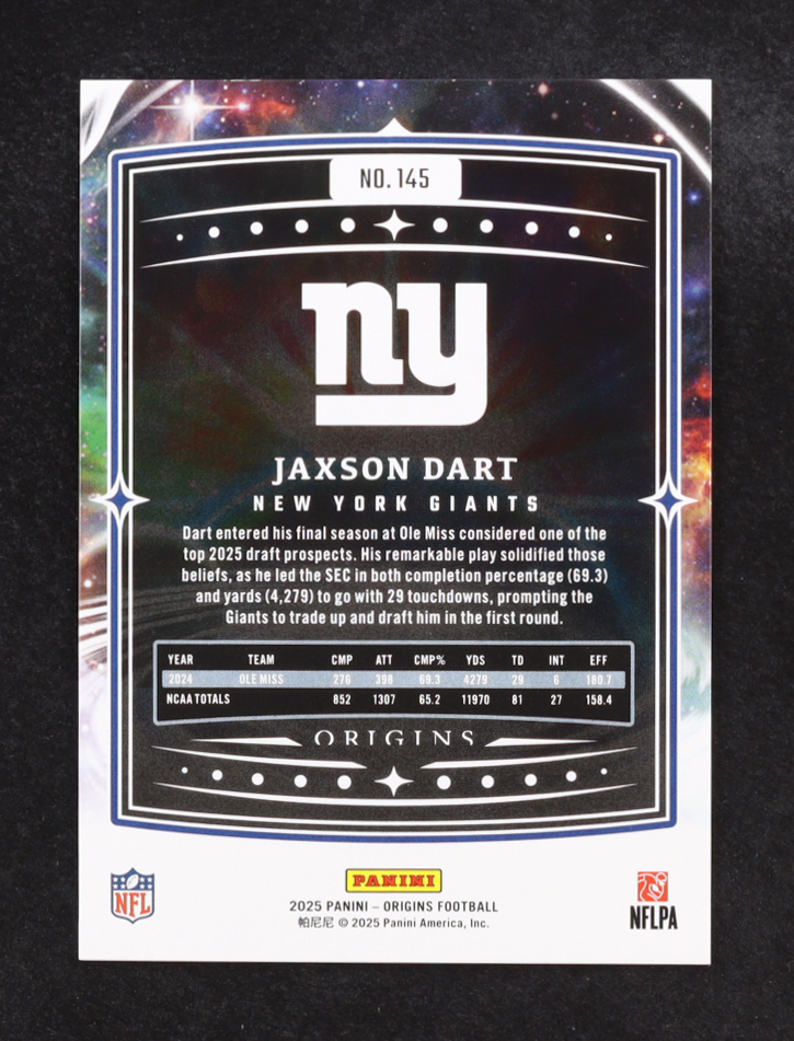 Jaxson Dart 2025 Panini Origins Holo Silver #145 #037/149 RC at PristineAuction.com Jaxson Dart 2025 Panini Origins Holo Silver #145 #037/149 RC at PristineAuction.com