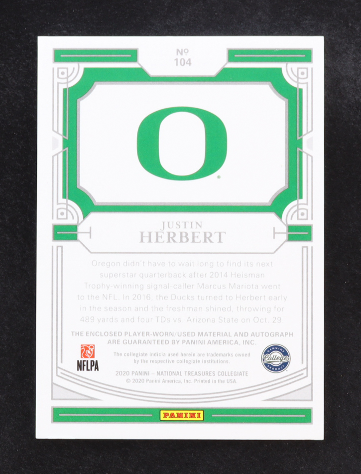 Justin Herbert 2020 Panini National Treasures Collegiate College Silhouette Signatures Bowl Logo #104 #05/10 RC at PristineAuction.com Justin Herbert 2020 Panini National Treasures Collegiate College Silhouette Signatures Bowl Logo #104 #05/10 RC at PristineAuction.com