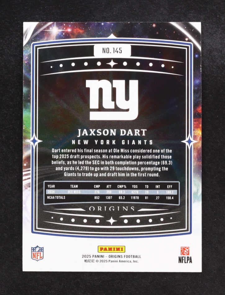 Jaxson Dart 2025 Panini Origins Rookie #145 RC at PristineAuction.com Jaxson Dart 2025 Panini Origins Rookie #145 RC at PristineAuction.com