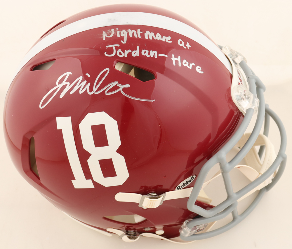 Jalen Milroe Signed Alabama Crimson Tide Full-Size Authentic On-Field Speed Helmet Inscribed "Nightmare at Jordan-Hare" (Fanatics) at PristineAuction.com Jalen Milroe Signed Alabama Crimson Tide Full-Size Authentic On-Field Speed Helmet Inscribed "Nightmare at Jordan-Hare" (Fanatics) at PristineAuction.com