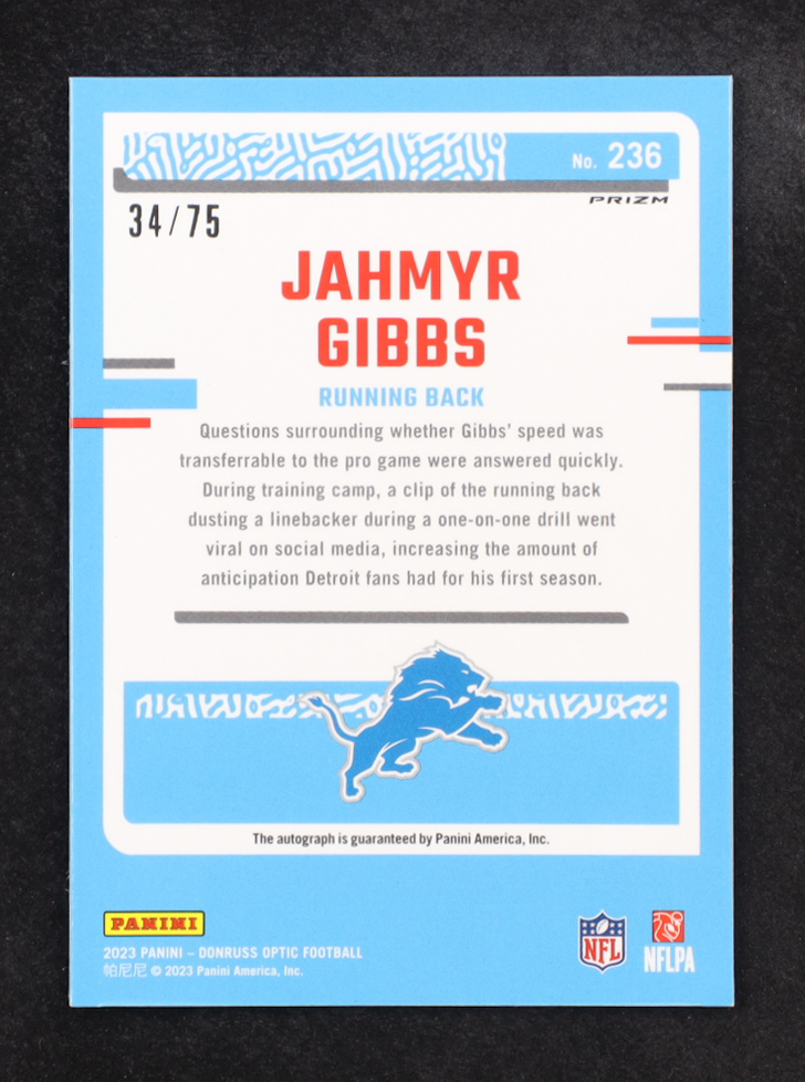 Jahmyr Gibbs 2023 Donruss Optic Rated Rookies Autographs Red #236 RC #34/75 at PristineAuction.com Jahmyr Gibbs 2023 Donruss Optic Rated Rookies Autographs Red #236 RC #34/75 at PristineAuction.com