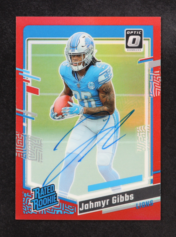 Jahmyr Gibbs 2023 Donruss Optic Rated Rookies Autographs Red #236 RC #34/75