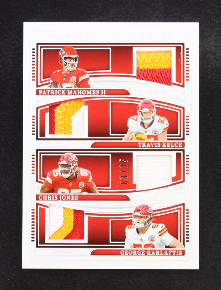 Patrick Mahomes II / Chris Jones / George Karlaftis / Travis Kelce 2024 Panini National Treasures NFL Gear Quad Materials Holo Silver #8 #03/25 at PristineAuction.com Patrick Mahomes II / Chris Jones / George Karlaftis / Travis Kelce 2024 Panini National Treasures NFL Gear Quad Materials Holo Silver #8 #03/25 at PristineAuction.com