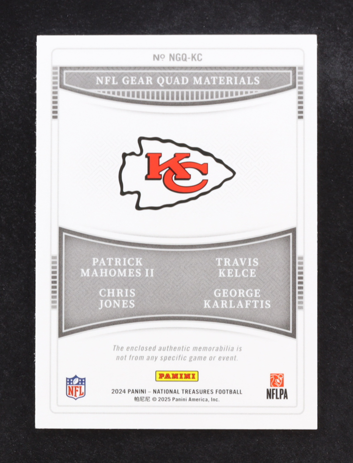 Patrick Mahomes II / Chris Jones / George Karlaftis / Travis Kelce 2024 Panini National Treasures NFL Gear Quad Materials Holo Silver #8 #03/25 at PristineAuction.com Patrick Mahomes II / Chris Jones / George Karlaftis / Travis Kelce 2024 Panini National Treasures NFL Gear Quad Materials Holo Silver #8 #03/25 at PristineAuction.com