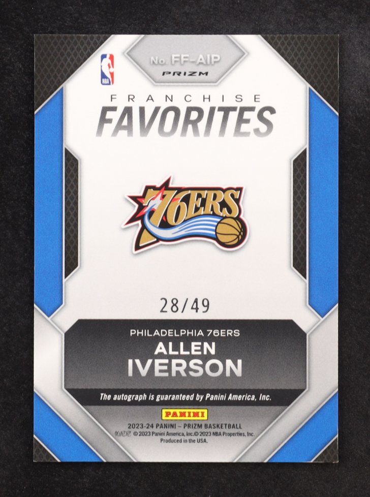 Allen Iverson 2023-24 Panini Prizm Franchise Favorites Signatures Prizms Blue #6 #28/49 at PristineAuction.com Allen Iverson 2023-24 Panini Prizm Franchise Favorites Signatures Prizms Blue #6 #28/49 at PristineAuction.com