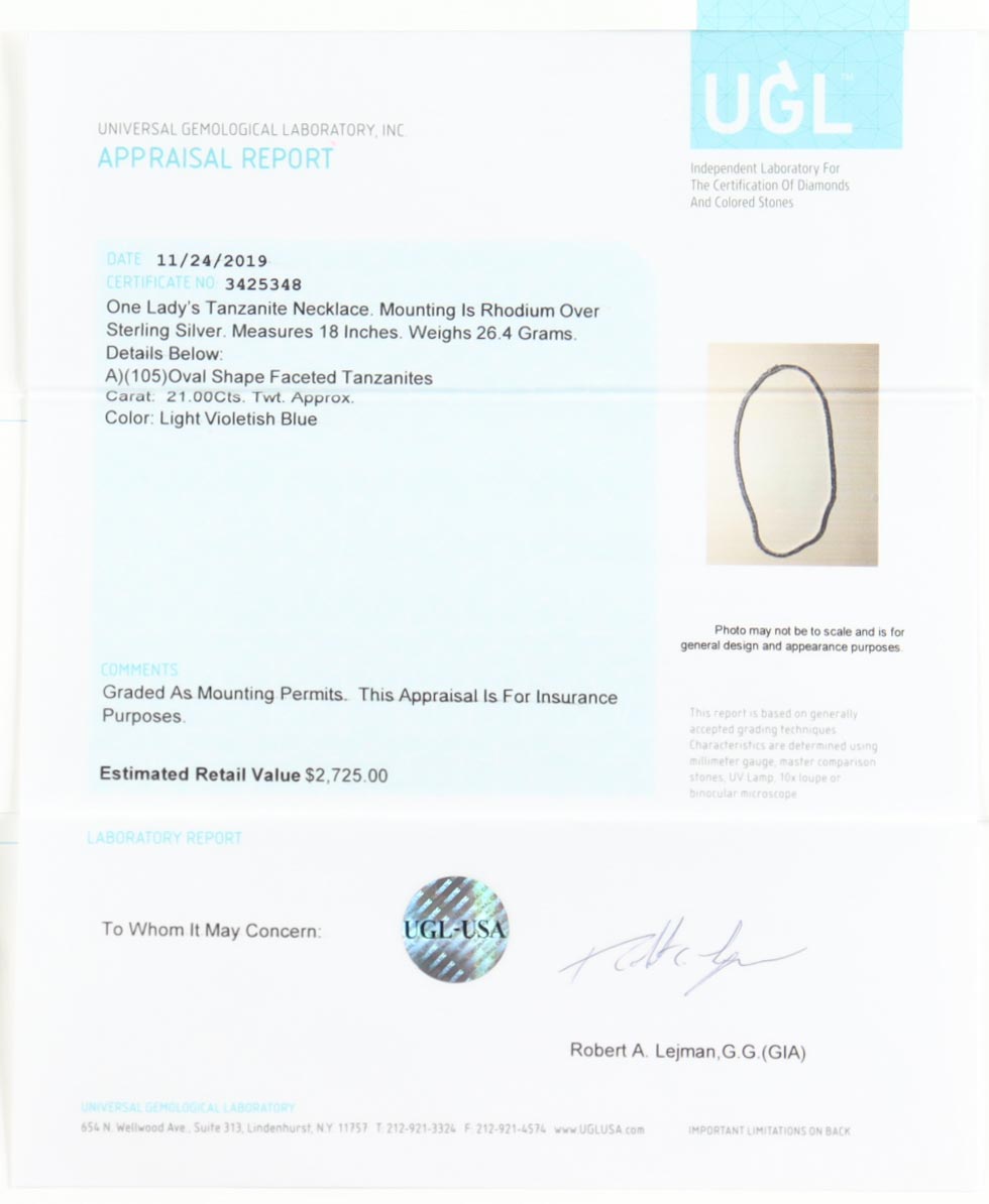 New 21 CTW Tanzanite Necklace | Estimated Retail Value: $2,725 (UGL) at PristineAuction.com New 21 CTW Tanzanite Necklace | Estimated Retail Value: $2,725 (UGL) at PristineAuction.com