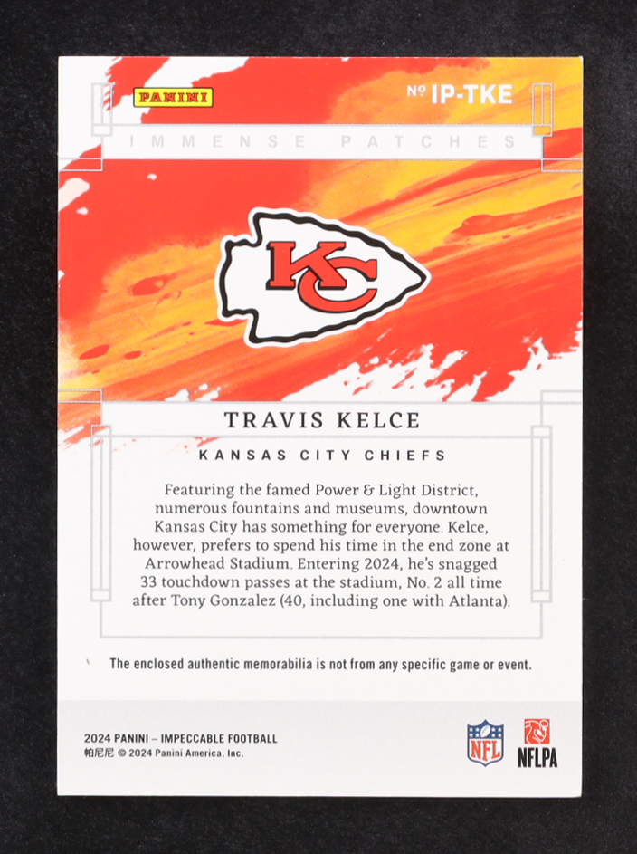 Travis Kelce 2024 Panini Impeccable Immense Patches #2 #43/49 at PristineAuction.com Travis Kelce 2024 Panini Impeccable Immense Patches #2 #43/49 at PristineAuction.com
