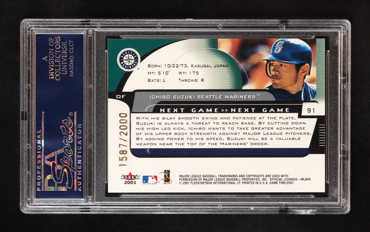 Ichiro Suzuki 2001 Fleer Game Time #91 NG #1587/2000 RC (PSA 8) at PristineAuction.com Ichiro Suzuki 2001 Fleer Game Time #91 NG #1587/2000 RC (PSA 8) at PristineAuction.com