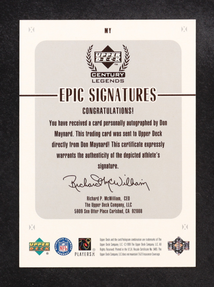 Don Maynard 1999 Upper Deck Century Legends Epic Signatures #MY at PristineAuction.com Don Maynard 1999 Upper Deck Century Legends Epic Signatures #MY at PristineAuction.com