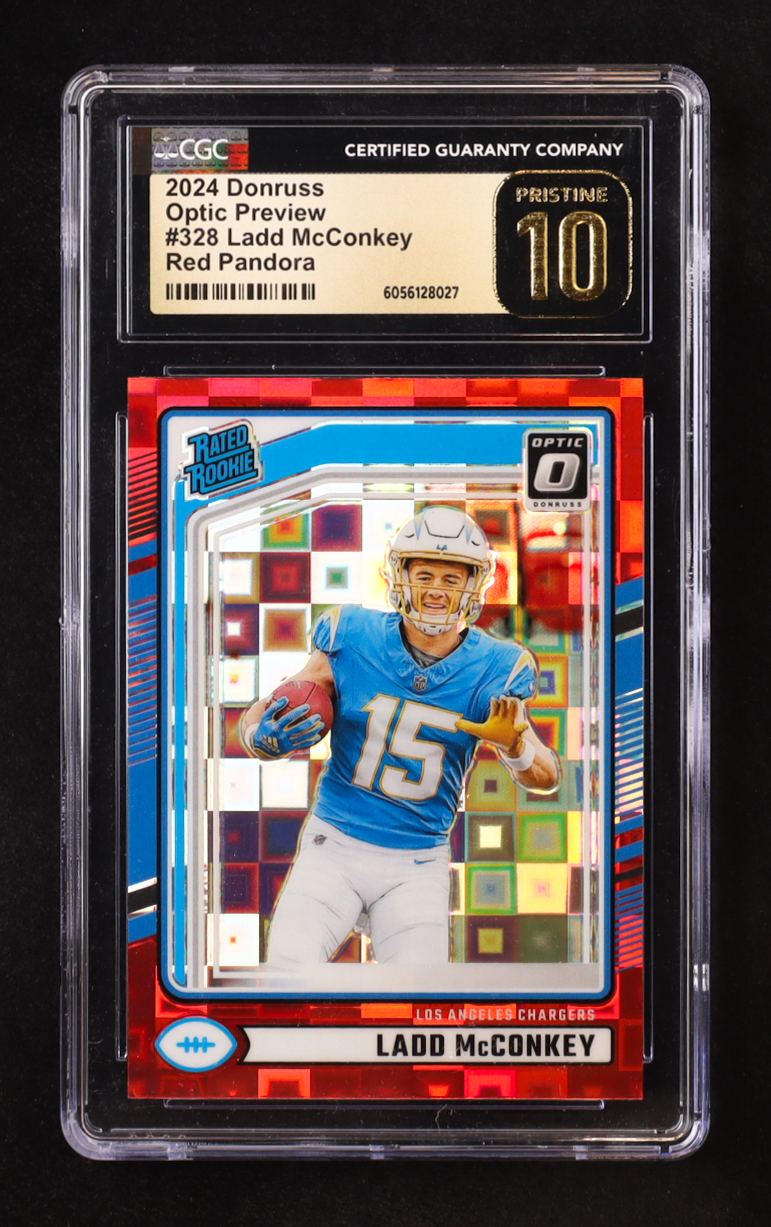 Ladd McConkey 2024 Donruss Optic Rated Rookies Preview Red Pandora #328 RC (CGC 10 | Pristine Black Label) at PristineAuction.com Ladd McConkey 2024 Donruss Optic Rated Rookies Preview Red Pandora #328 RC (CGC 10 | Pristine Black Label) at PristineAuction.com