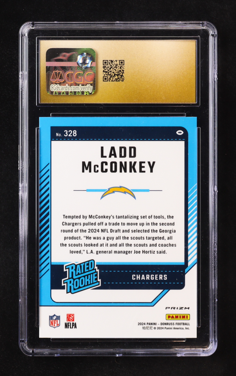 Ladd McConkey 2024 Donruss Optic Rated Rookies Preview Red Pandora #328 RC (CGC 10 | Pristine Black Label) at PristineAuction.com Ladd McConkey 2024 Donruss Optic Rated Rookies Preview Red Pandora #328 RC (CGC 10 | Pristine Black Label) at PristineAuction.com