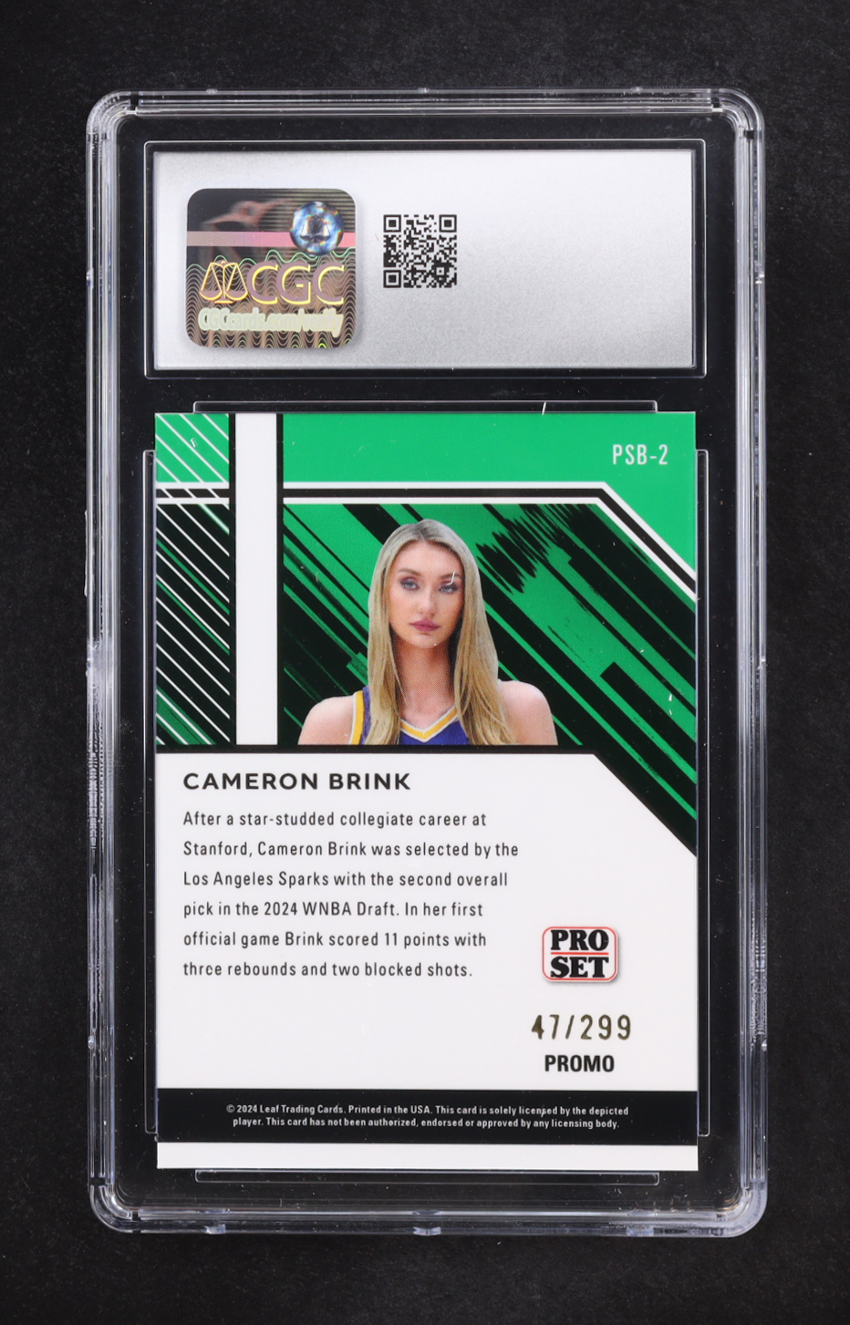 Cameron Brink 2024 Leaf Collective Promos Pro Set Orange Shimmer #PSB-2 RC #47/299 (CGC 10) at PristineAuction.com Cameron Brink 2024 Leaf Collective Promos Pro Set Orange Shimmer #PSB-2 RC #47/299 (CGC 10) at PristineAuction.com