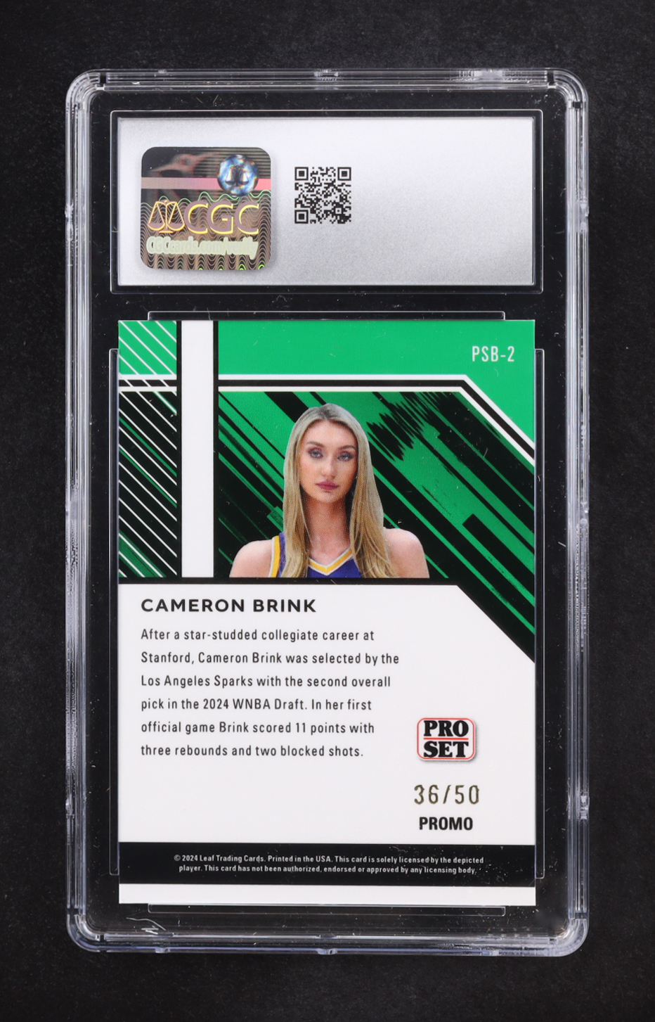 Cameron Brink 2024 Leaf Collective Promos Pro Set Green Shimmer #PSB-2 RC #36/50 (CGC 10) at PristineAuction.com Cameron Brink 2024 Leaf Collective Promos Pro Set Green Shimmer #PSB-2 RC #36/50 (CGC 10) at PristineAuction.com