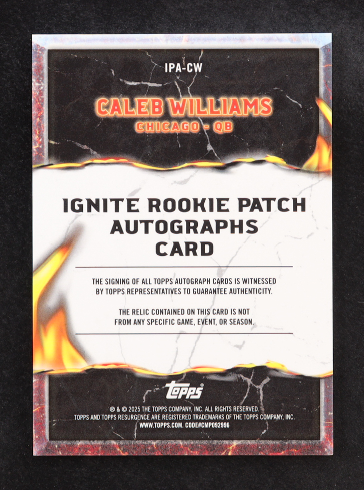 Caleb Williams 2024 Topps Resurgence Ignite Rookie Patch Autographs #IPACW RC at PristineAuction.com Caleb Williams 2024 Topps Resurgence Ignite Rookie Patch Autographs #IPACW RC at PristineAuction.com